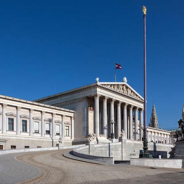 Parliament Buildings on Ringstrabe in Vienna, Austria. The Austrian Parliament is the bicameral legislature in Austria. It consists of two chambers: the National Council (Nationalrat) and the Federal Council.