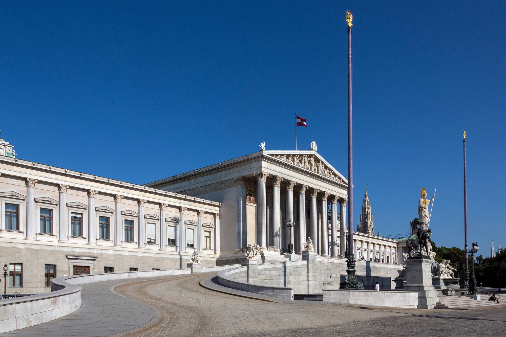 Parliament Buildings on Ringstrabe in Vienna, Austria. The Austrian Parliament is the bicameral legislature in Austria. It consists of two chambers: the National Council (Nationalrat) and the Federal Council.